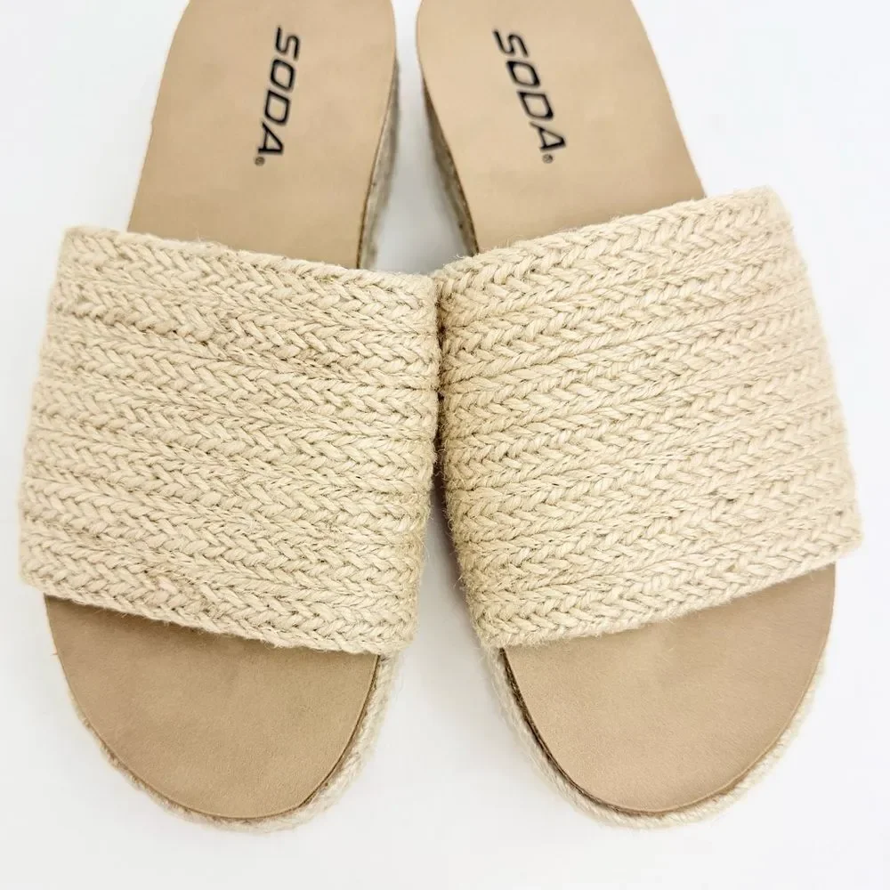 Soda PROCESS Beige Jute Open Toe Platform Espadrille Slide Sandals
